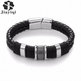 Jiayiqi 2017 Fashion Black Braid Woven Leather Bracelet Titanium Stainless Steel Bracelet Men Bangle Men Jewelry Vintage Gift