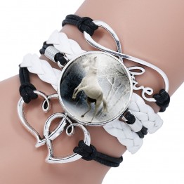 Trendy Black Rope White Horse Photo Glass Cabochon Leather Charm Bracelet For Women Handmade Heart Infinity Love Bracelets Gifts