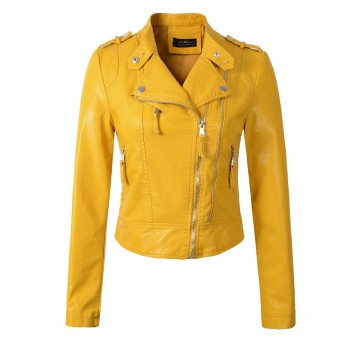 2017 New Fashion Women Motorcycle PU Leather Jackets Female Autumn Short Epaulet Zippers Coat Hot Black White Yellow Outwear2014423456