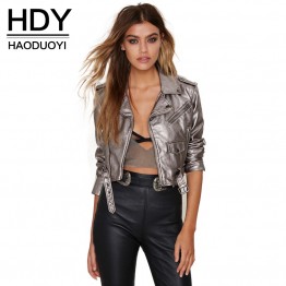 HDY Haoduoyi Belt Women Spring jacket Punk Style Short Faux Leather Coat Faux Leather Suede Jacket Women Pu Leather Coat Female