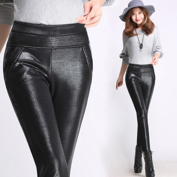 2016 Winter warm women faux leather pants & capris PU botton Snakeskin ...
