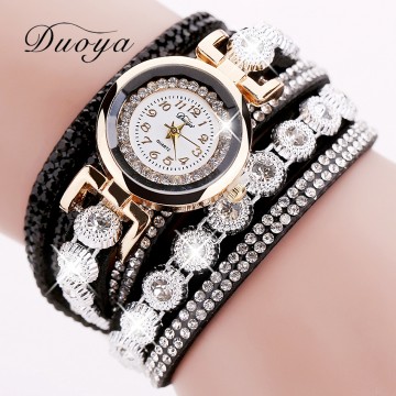 Duoya Brand Women Bracelet Luxury Wrist Watch For Women Watch 2016 Crystal Round Dial Dress Gold Ladies Leather Clock Watch